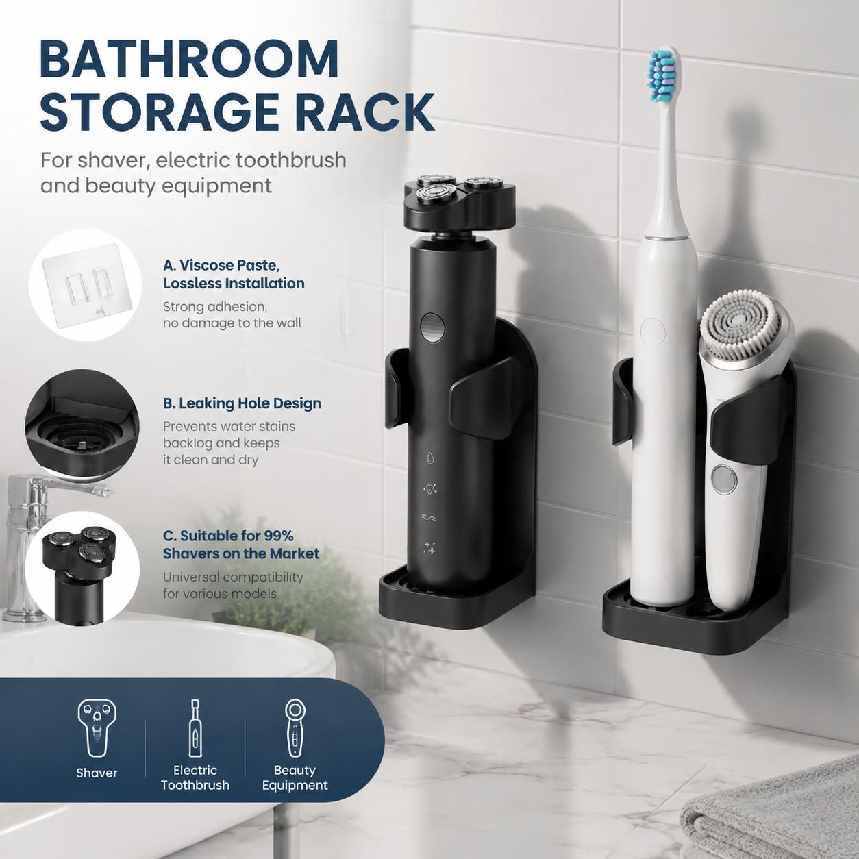 Home Essentials Bathroom Rack - Selbstklebender, bohrfreier, wasserdichter Zahnbürstenhalter zur Wandmontage,