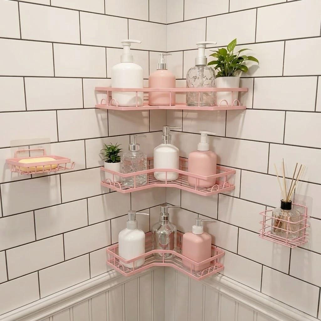Home Essentials Bathroom Rack - 5-teiliges minimalistisches rosa Duschorganizer-Set, bohrfreies, selbstklebendes