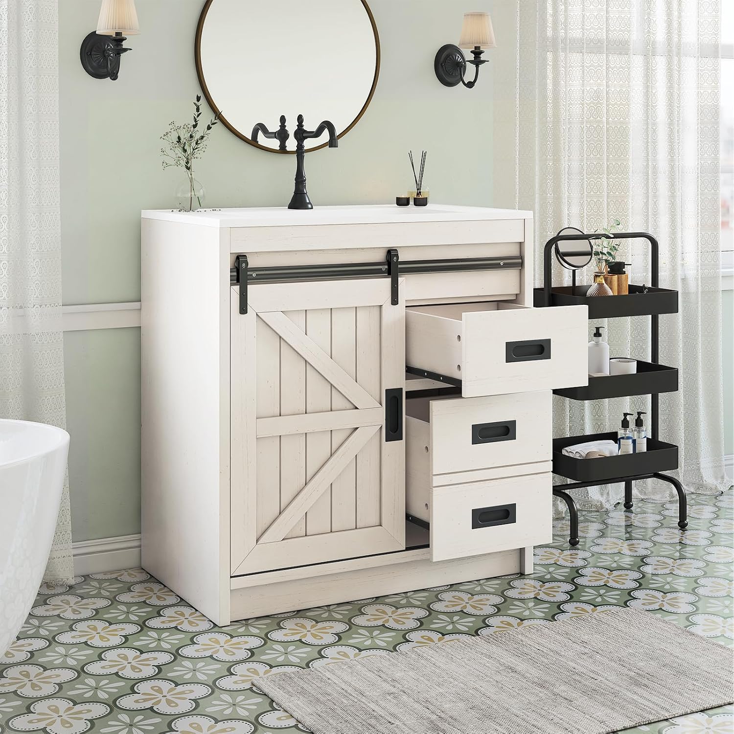 Home Bathroom Vanity - Großer Farmhouse-Badezimmerschrank mit Keramikwaschbecken-Kombination, freistehender Holz-Aufbewahrungsschrank